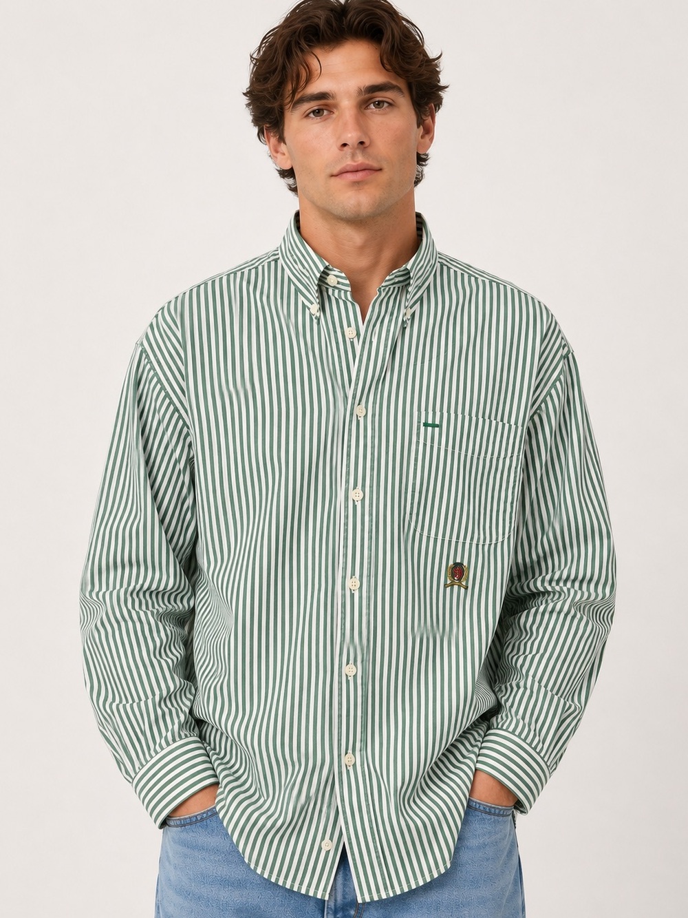 Vintage Tommy Hilfiger 90s Y2K Green White Stripe Crest Logo 100% Cotton Shirt